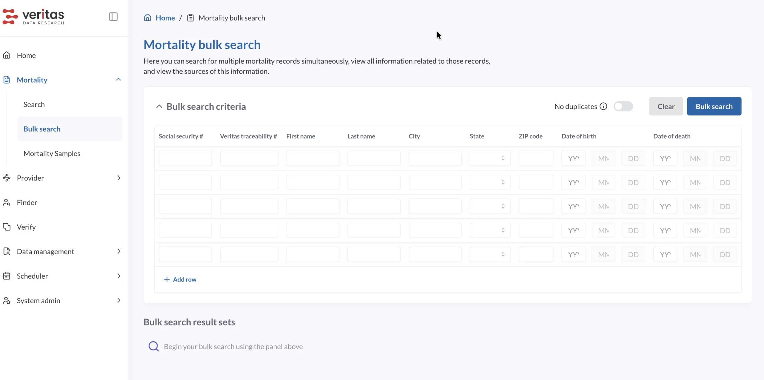 Veritas-Data-Research Portal Mortality Search