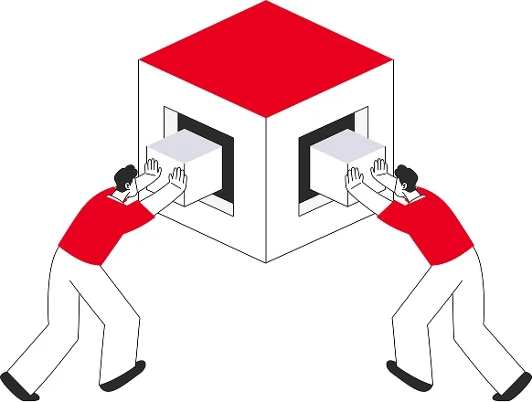 Two people trying to put together a cube