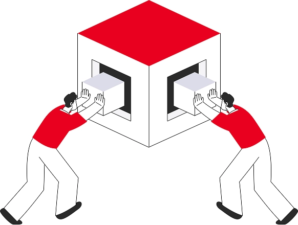 Two people trying to put together a cube