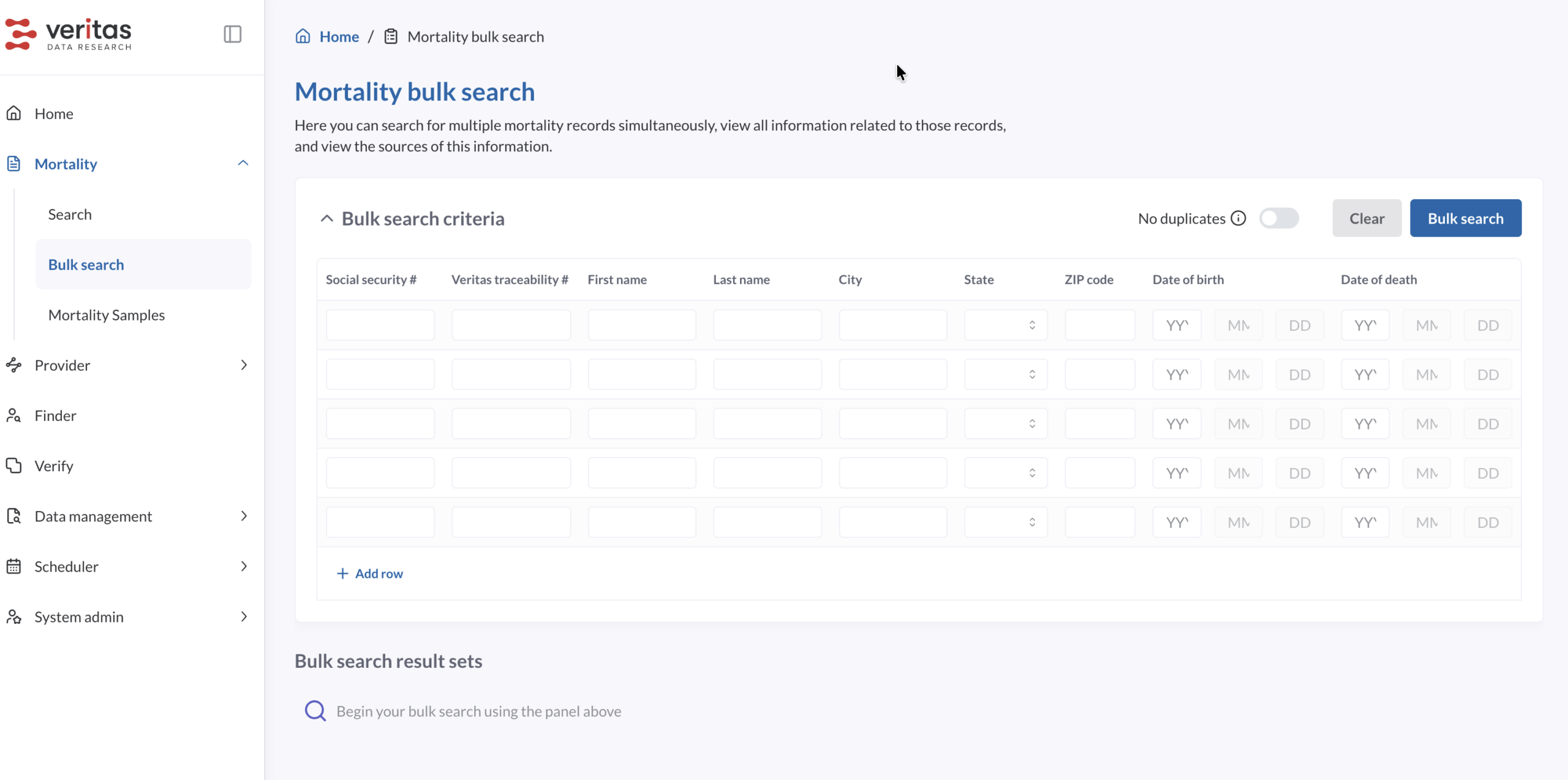 Veritas Data Research Portal Mortality Search